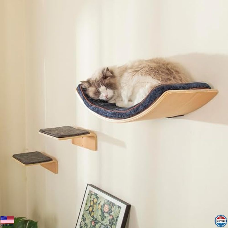 Large Cat Wall Shelf with Steps - Curved Wall-Mounted Furniture for Cats