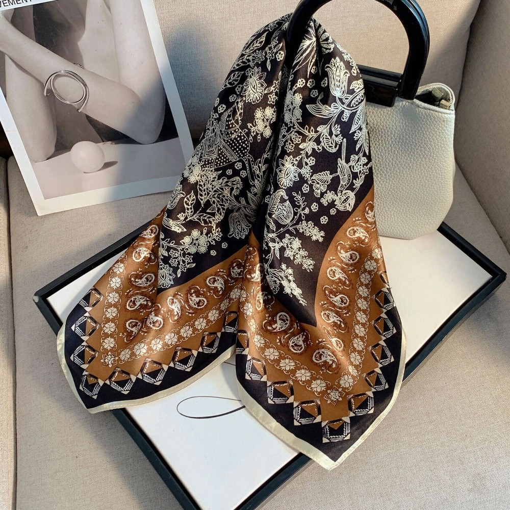 100% Silk Scarf Women Vintage Black Brown Kerchief Square Bandana Wrap 68*68cm