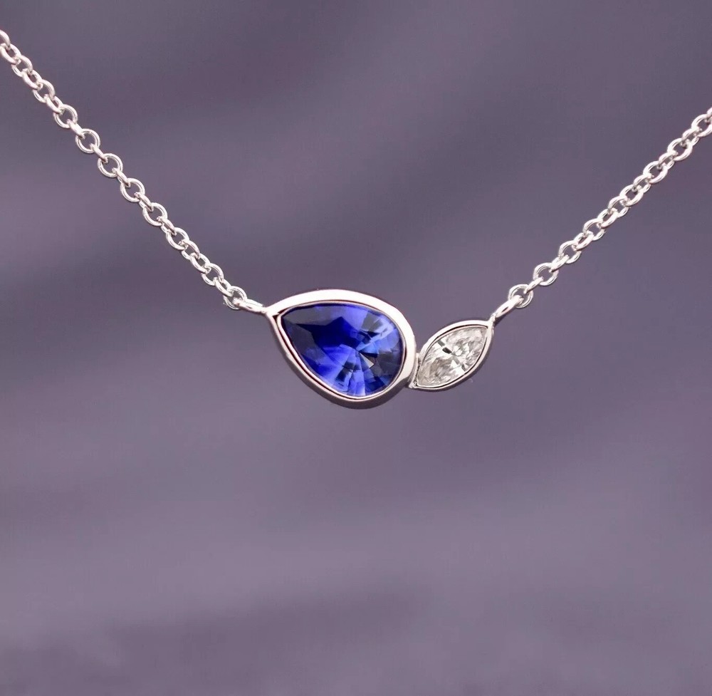 Bezel Pendant Necklace Pear Cut Simulated Blue Sapphire In 14K White Gold Plated