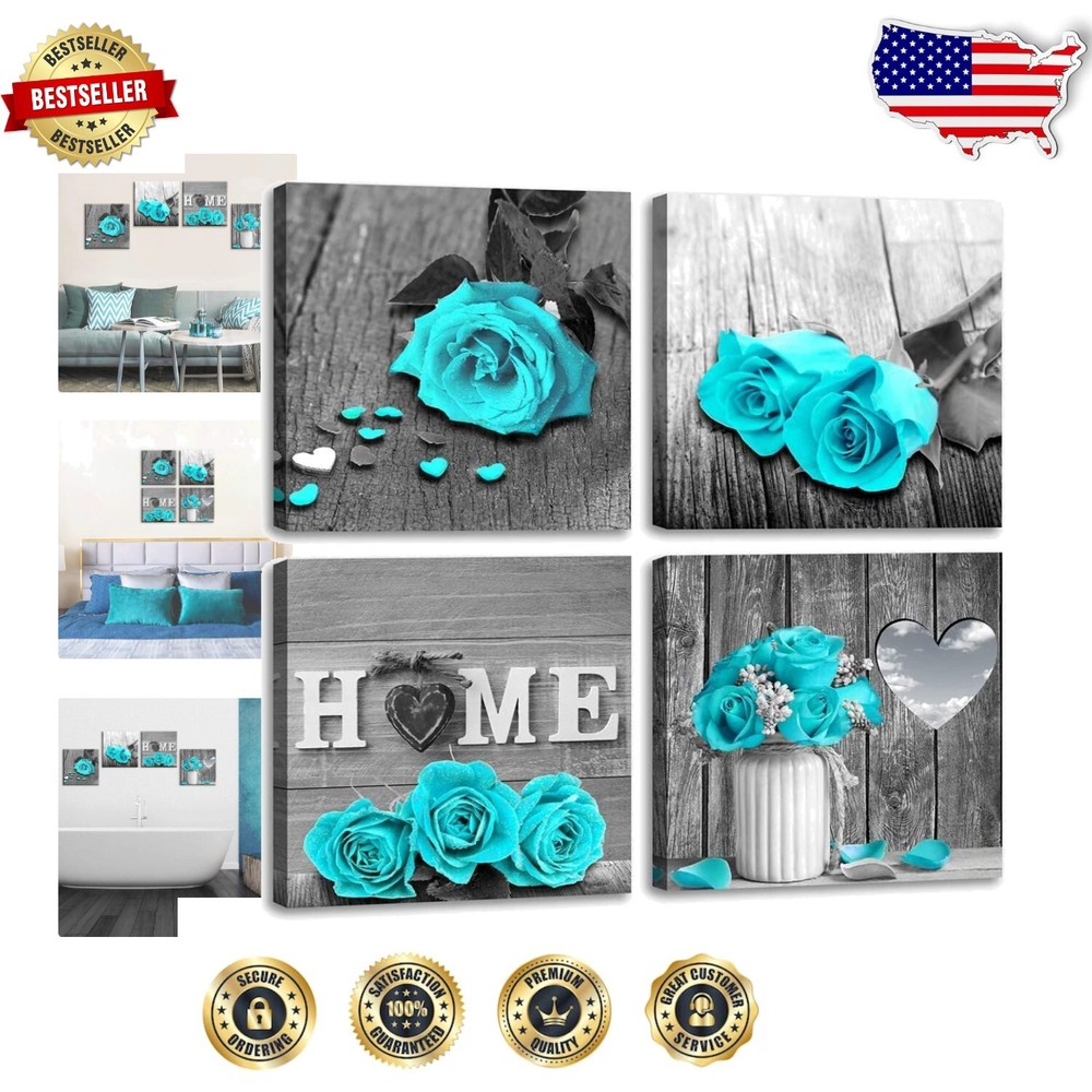 Modern 4-Piece Teal Rose Art Set for Living Room and Bedroom Decoration