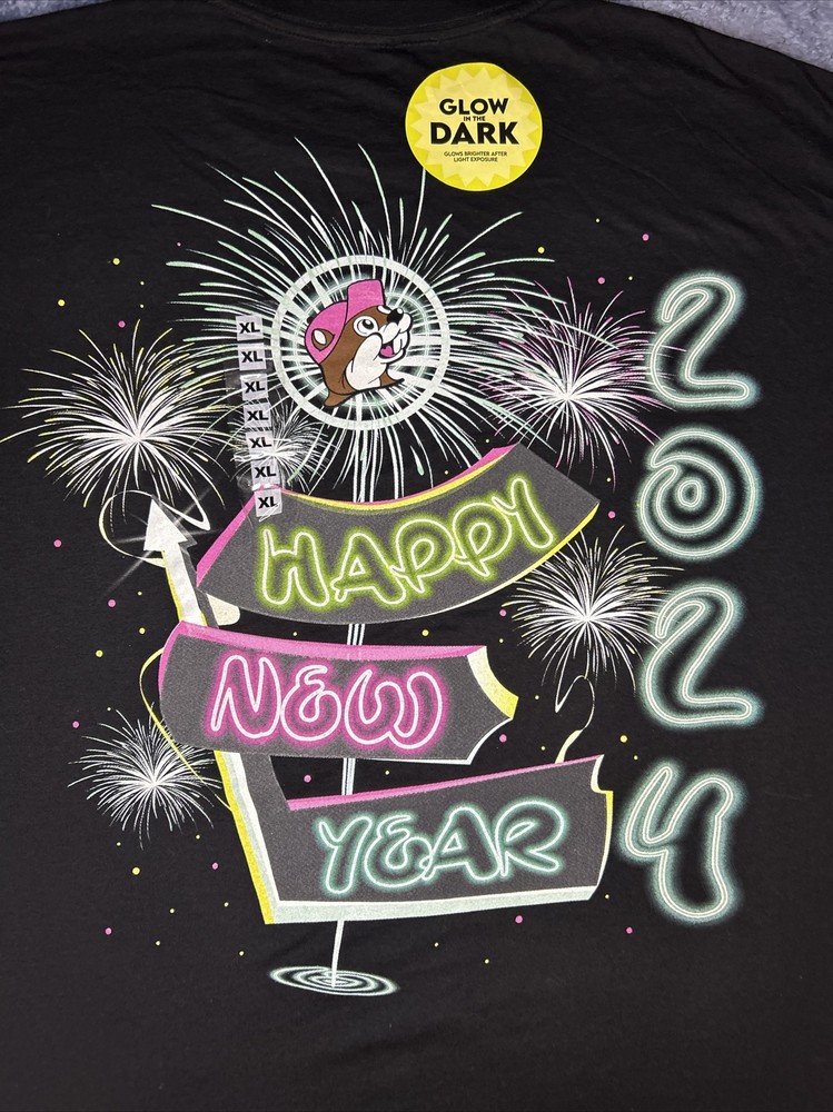 Bucees New Years 2024 Black Tee Shirt Adult Size XLarge Glow In The Dark buc ees-image
