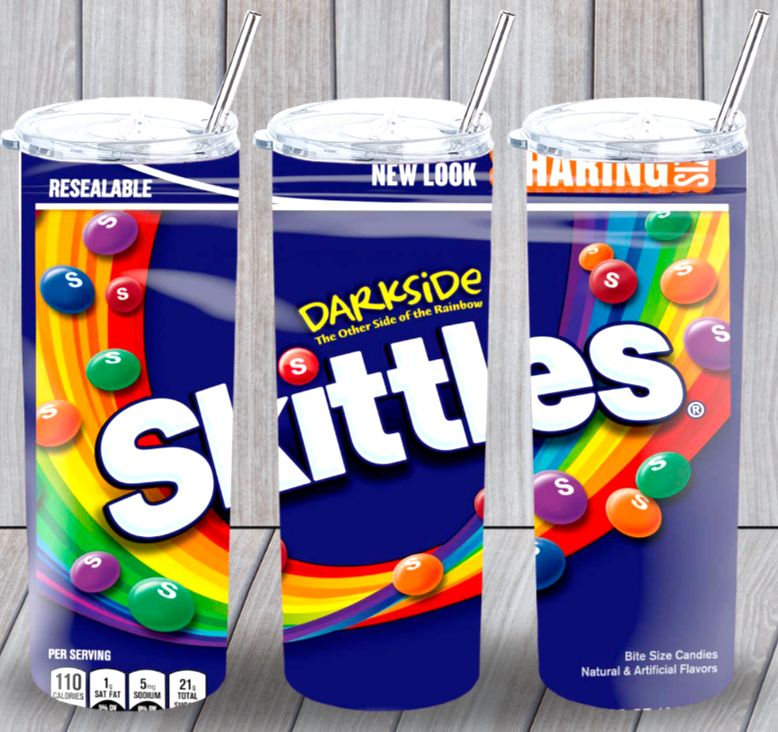 Skittles Darkside Candy Multicolor 20oz Insulated Tumbler Lid Plastic Straw New