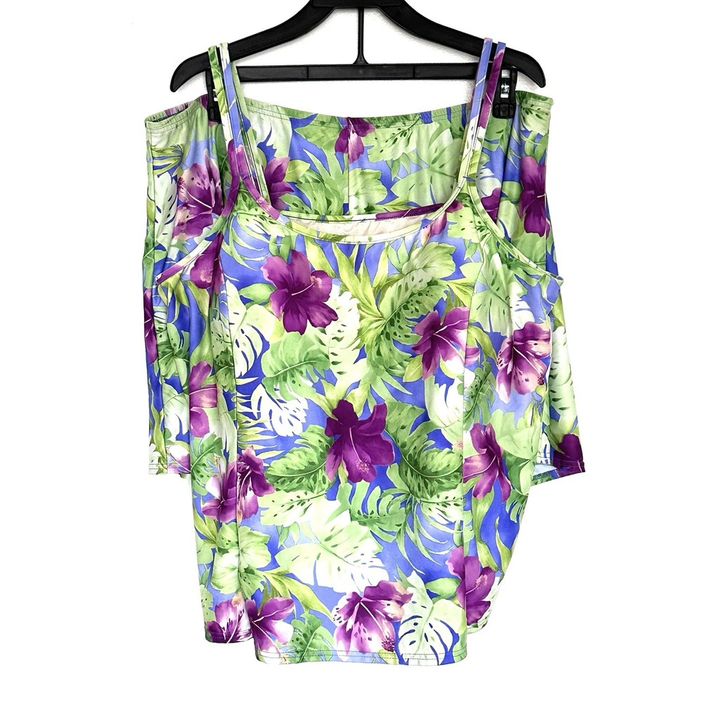 2PC It Figures! Plus Tankini Women’s Size 24W Floral Build In Bra Swimwear