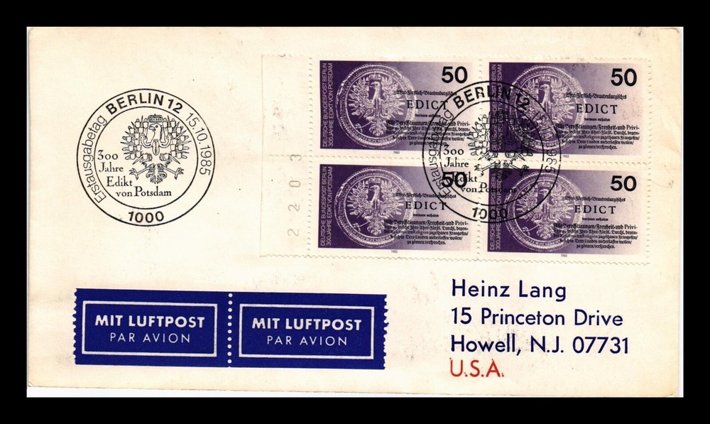 Germany Dr Jim Stamps 300th Anniversary Edikt von Potsdam FDC Plate Block