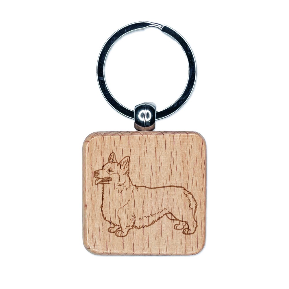 Alert Pembroke Welsh Corgi Pet Dog Engraved Wood Square Keychain Tag Charm