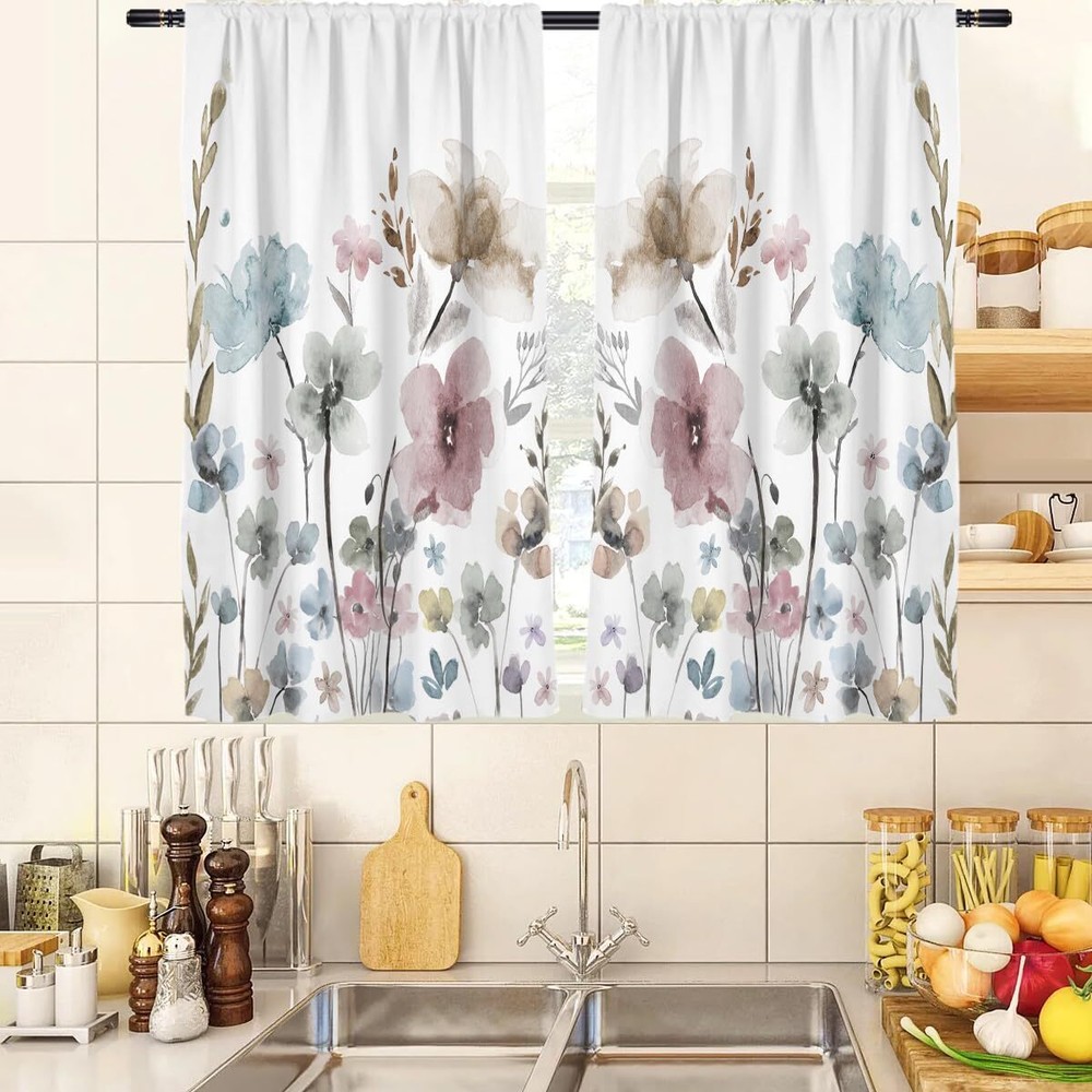 Floral Kitchen Curtains Flowers Abstract Colorful Pink Blue White Plant Small...