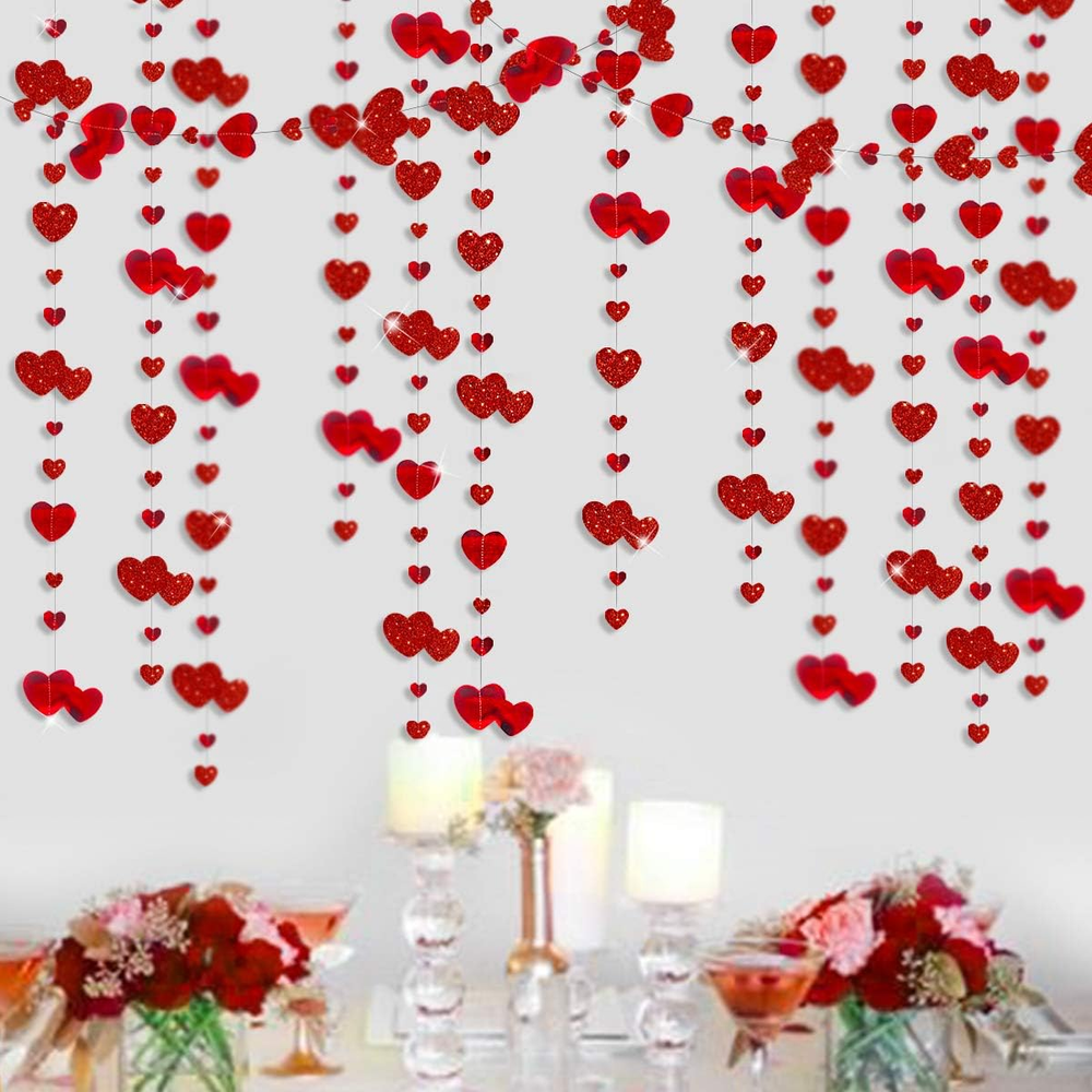 Valentine's Day Red Glitter Heart Garland Party Decor