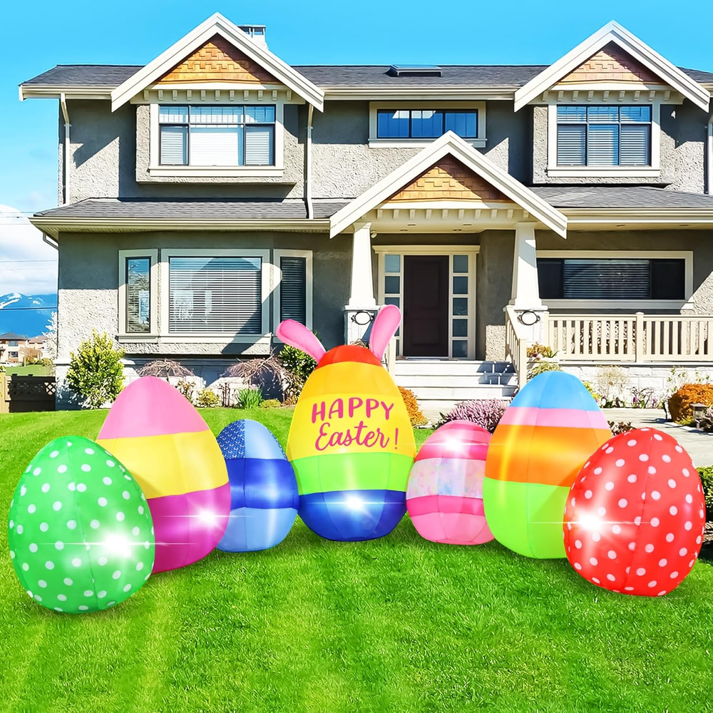 Vibrant Easter Eggs Inflatables 12FT Long, Seven Eggs Inflatable Outdoor Decorat