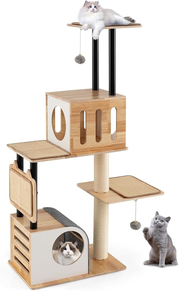 56-Inch Multi-Level Wood Cat Tower with Sisal Scratching Posts & Dual Perches for Cats