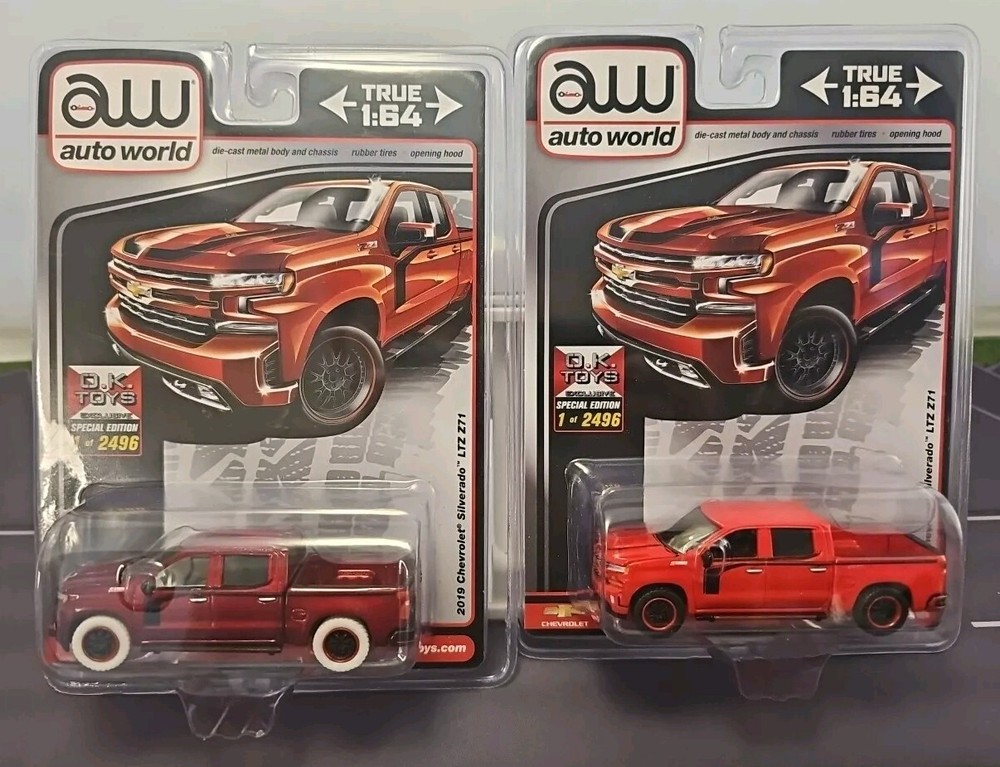 Lot of 2 Auto World 1:64 Ultra Red 2019 Chevy Silverado LTZ Z71 OK Toys Models