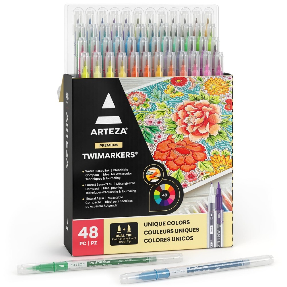 ARTEZA Dual Tip Brush Markers, Set of 48, Art Markers with Fine and Brush Tip...