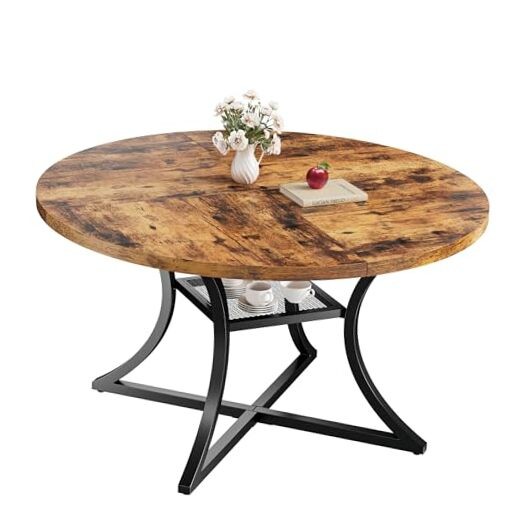Rustic Brown 47.2 Inch Round Wood Dining Table with Storage Seats 4