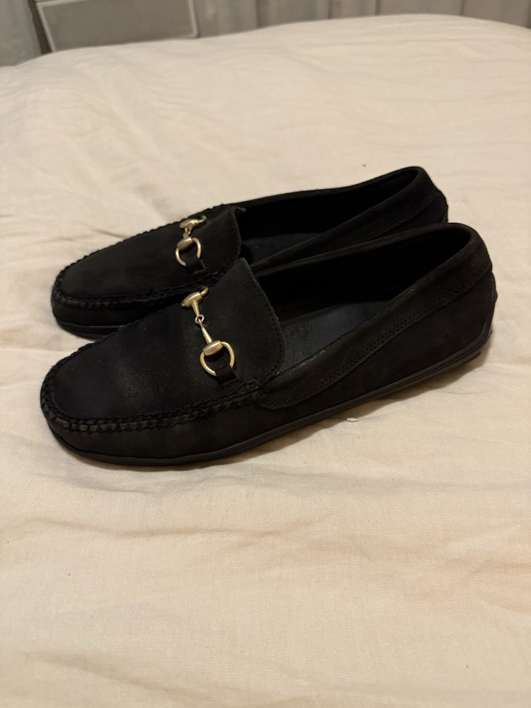 VTG Gucci Gold Horsebit Suede Loafers Black mens 9.5 dress shoes slip on
