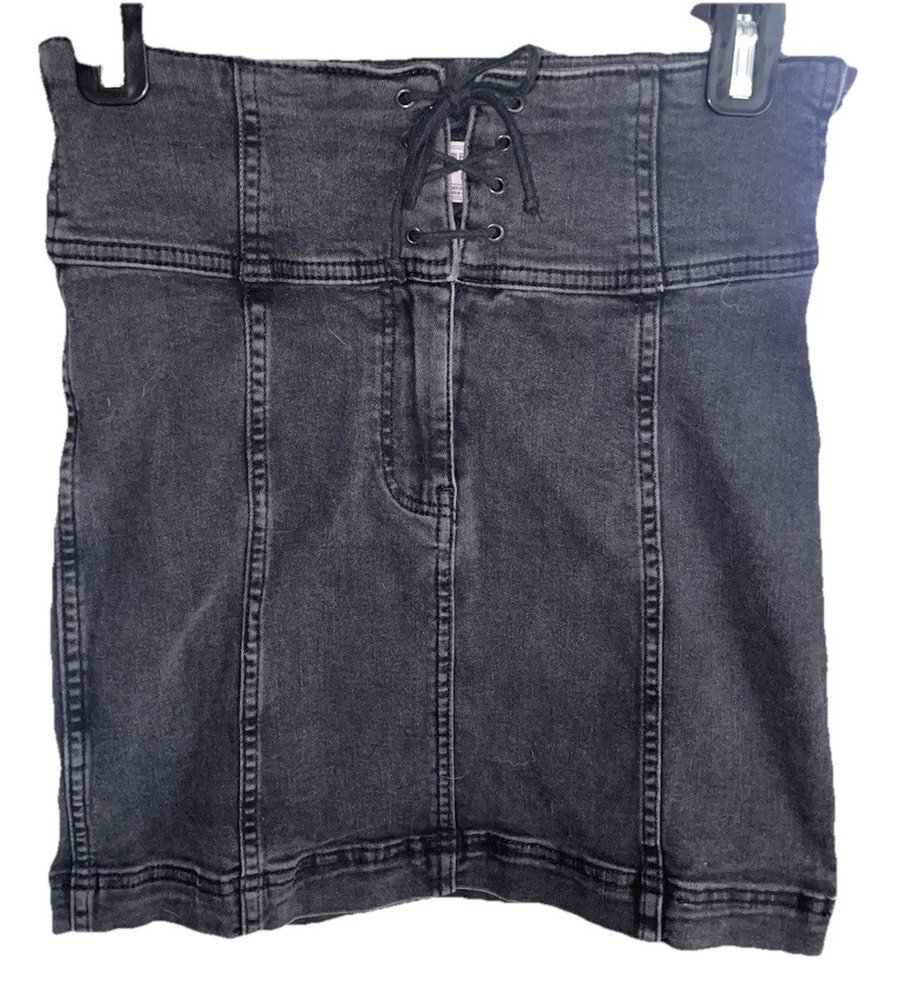 Free People Womens Femme Black Denim Lace-up Mini Skirt Size 6