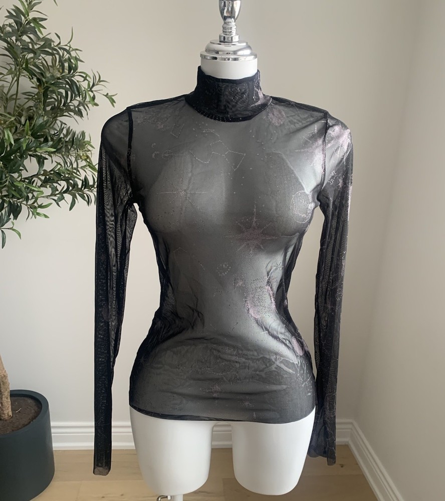 ZARA Women Black Sheer Mesh Turtleneck Top Size S Long Sleeve