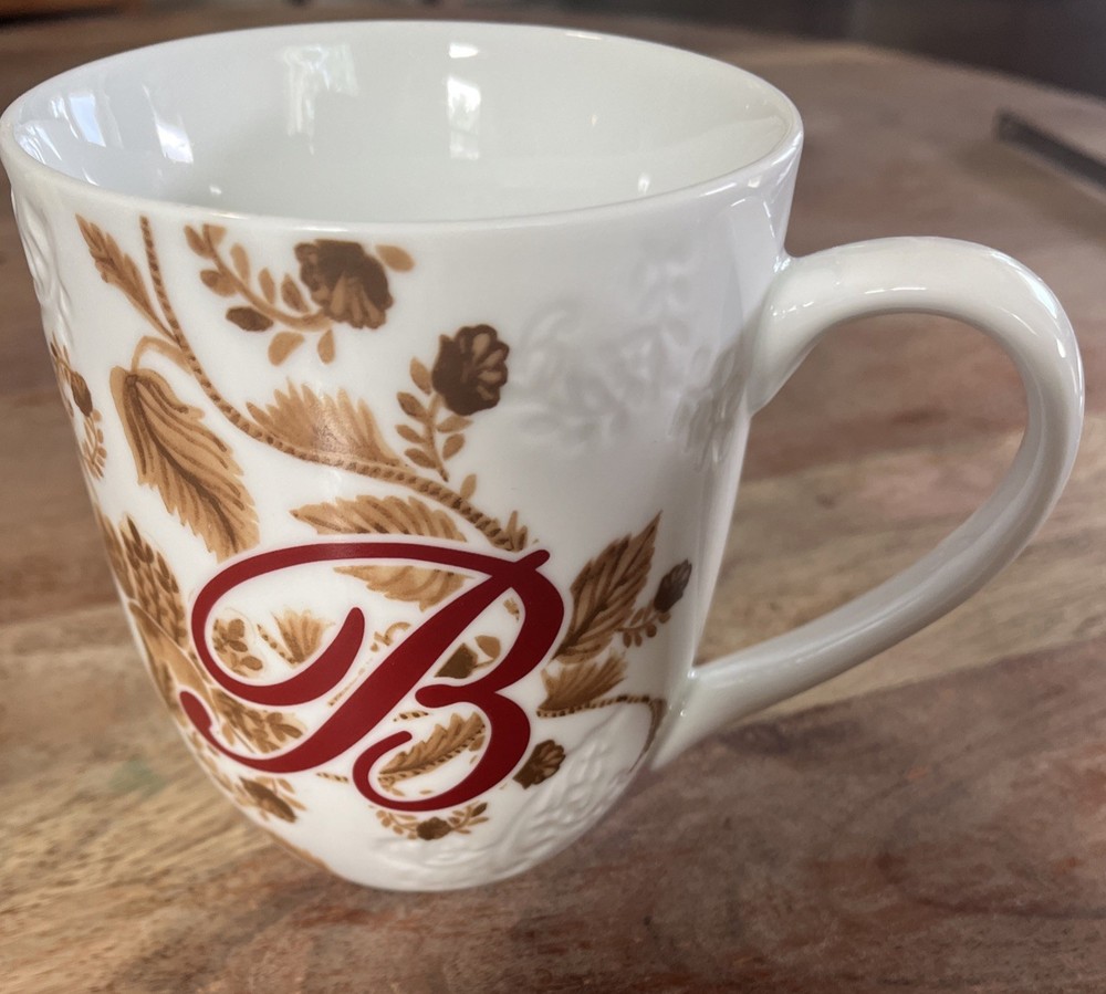 PIER 1 IMPORTS 'B’ Mug Coffee Cup Porcelain Ava Monogram Initial Embossed Floral