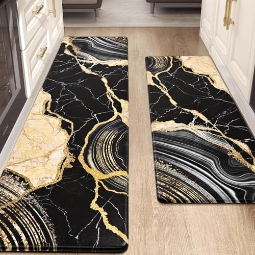 2 Piece Marble Kitchen Runner Rugs Set, Anti Fatigue Cushioned Kitchen Floor