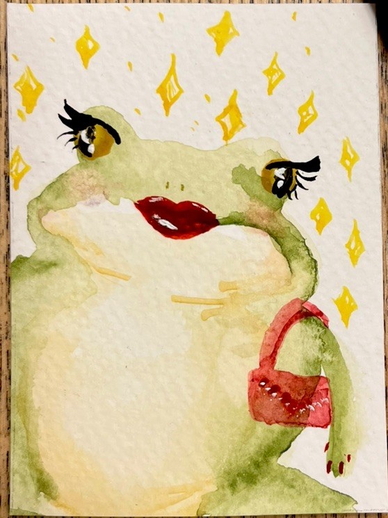 ACEO PRINT “Who, me?” Fabulous Frog Body Posi+ Lady Watercolor Painting 3.5x2.5