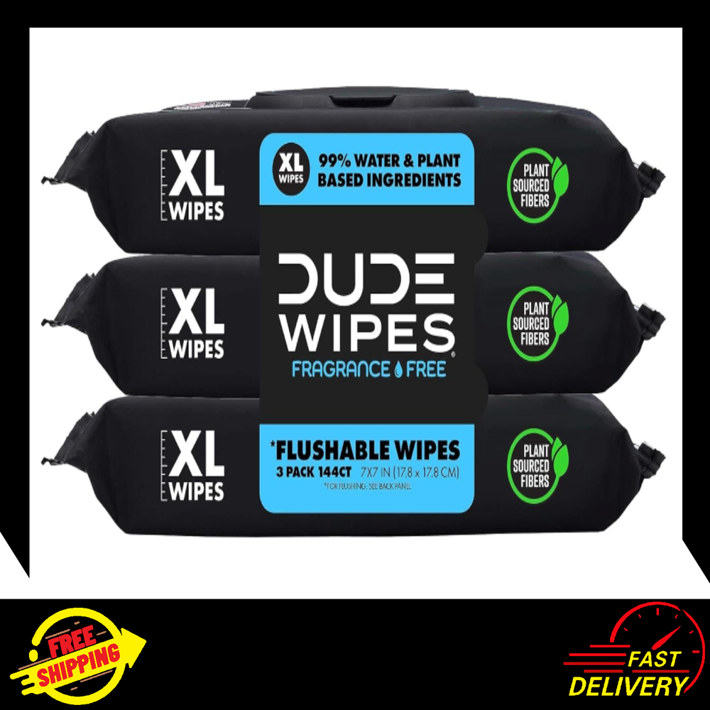 DUDE Wipes Flushable Wipes - 3 Pack 144 Wipes - Unscented Extra-Large
