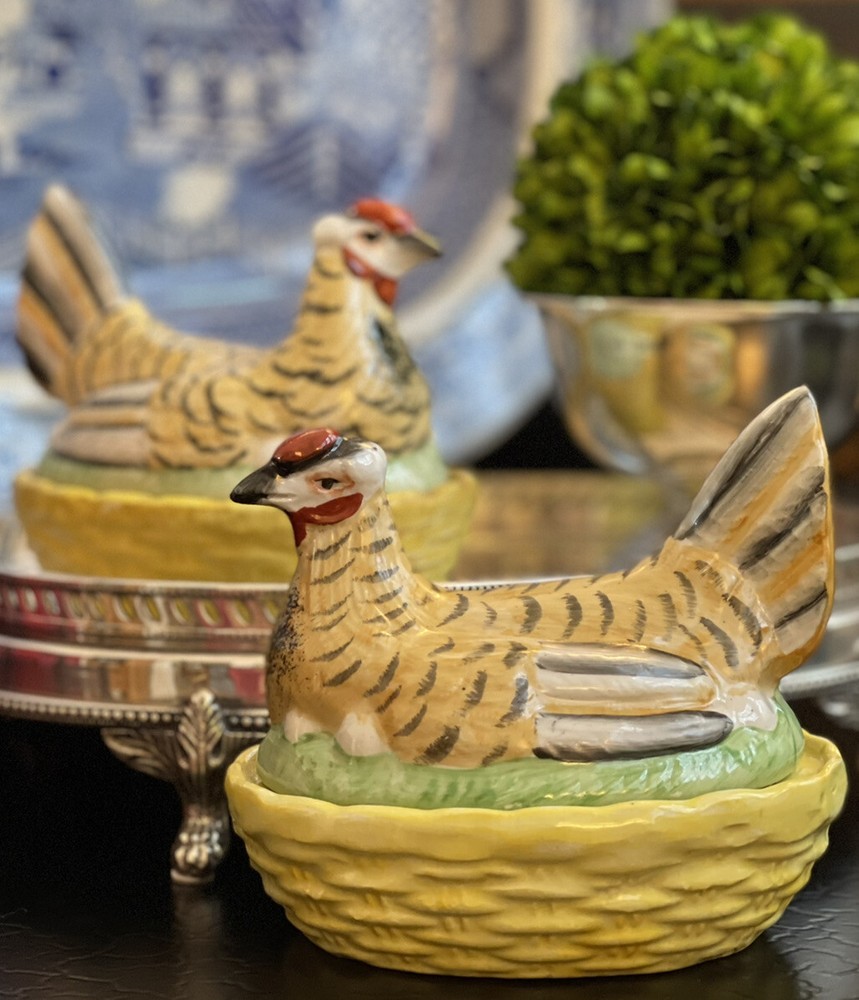 Classic Scarce Antique English Staffordshire Hen Chicken Nest Tureen Pair 5.5”