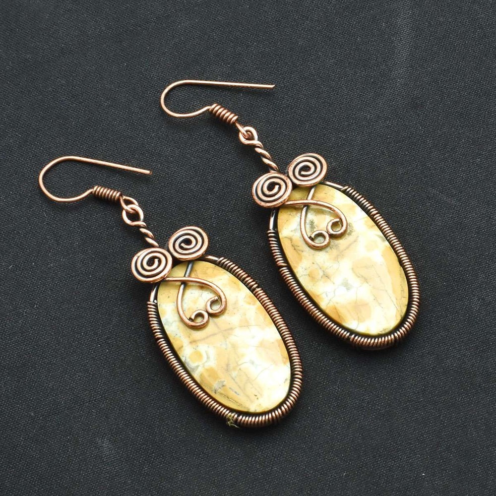 Jasper Gemstone Handmade Drop Dangle Copper Wire Earrings Jewelry 2.24