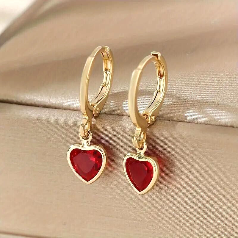 Golden Fashion Shiny Red Rhinestone Heart Drop Earrings Jewelry Women Gift New