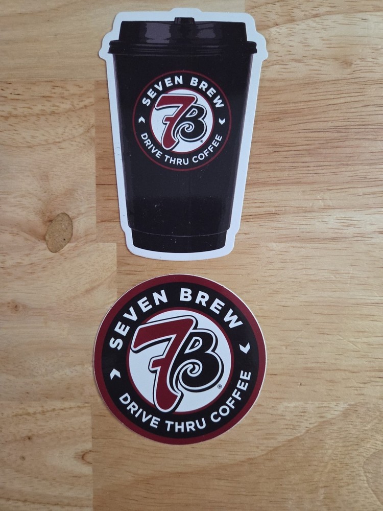 2 pack 7 Brew Coffee Stickers. One round logo And One Coffee Cup.