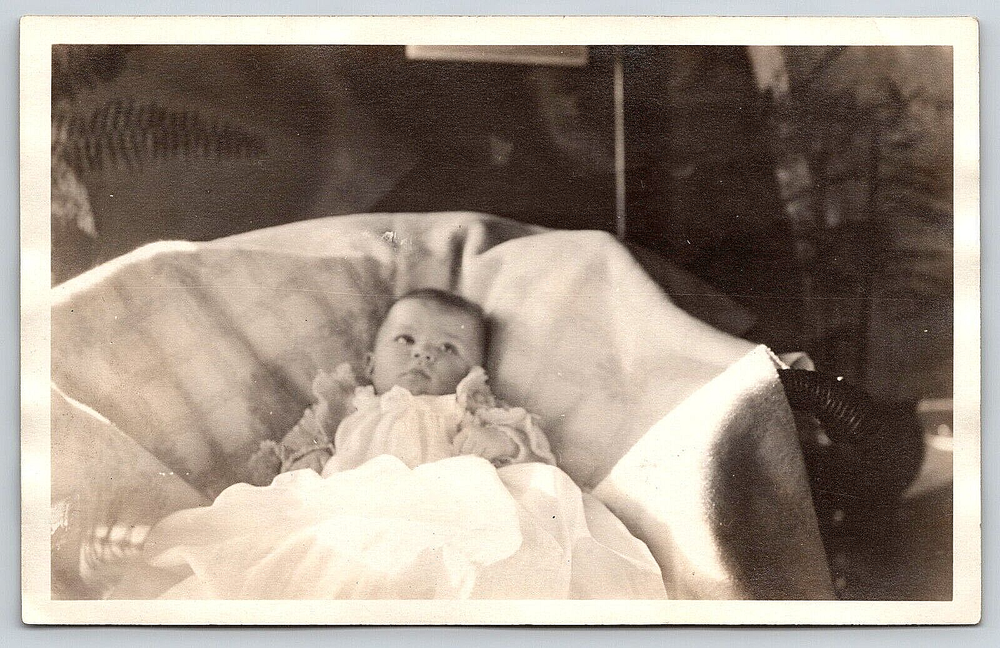 Original Old Vintage Real Interior Photo Infant Baby Girl Dress Wicker Chair