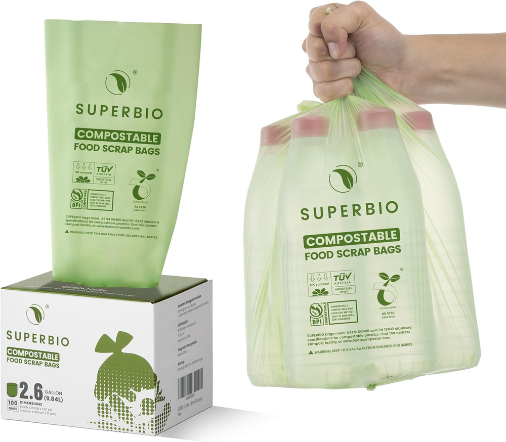 2.6 Gallon Compostable Food Waste Bags, 100 Count, 1 Pack, Flat Top Food Scrap B