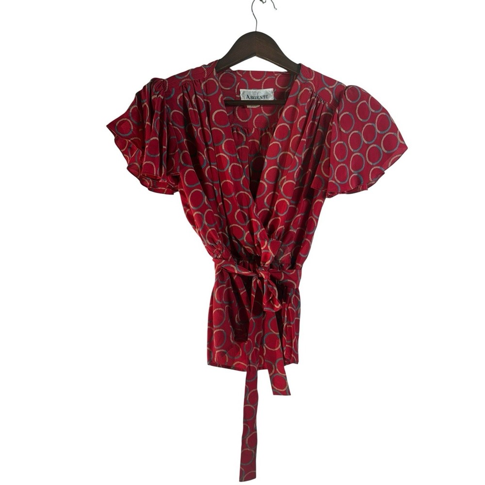 Vintage Argenti Silk Skirt Suit Set Size 4 Red Blue Rare 1980s Tie Waist