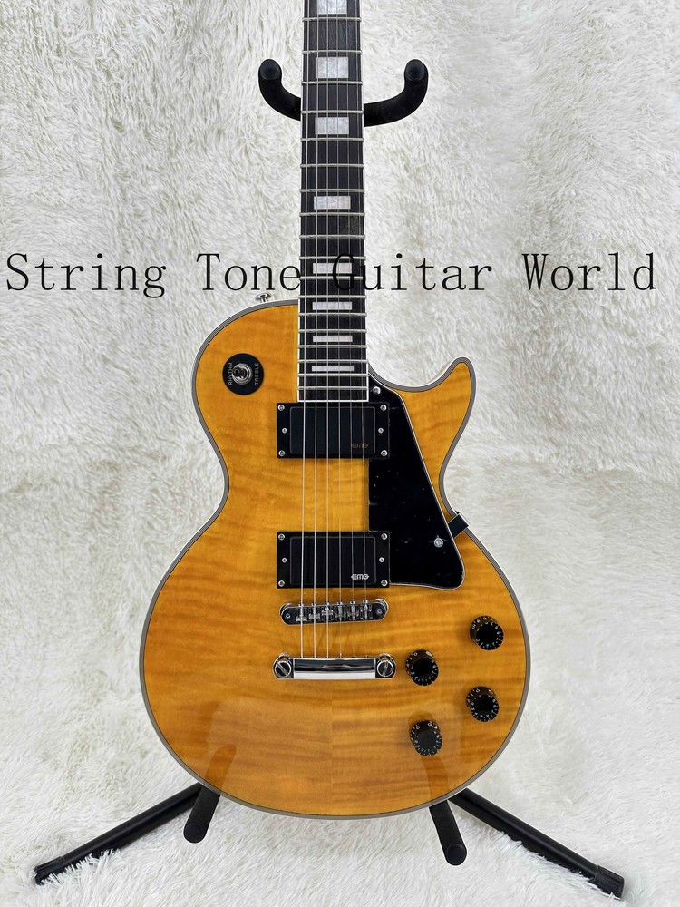 Custom Yellow LP Electric Guitar Black Pickguard Fixed Bridge Chrome Hardware