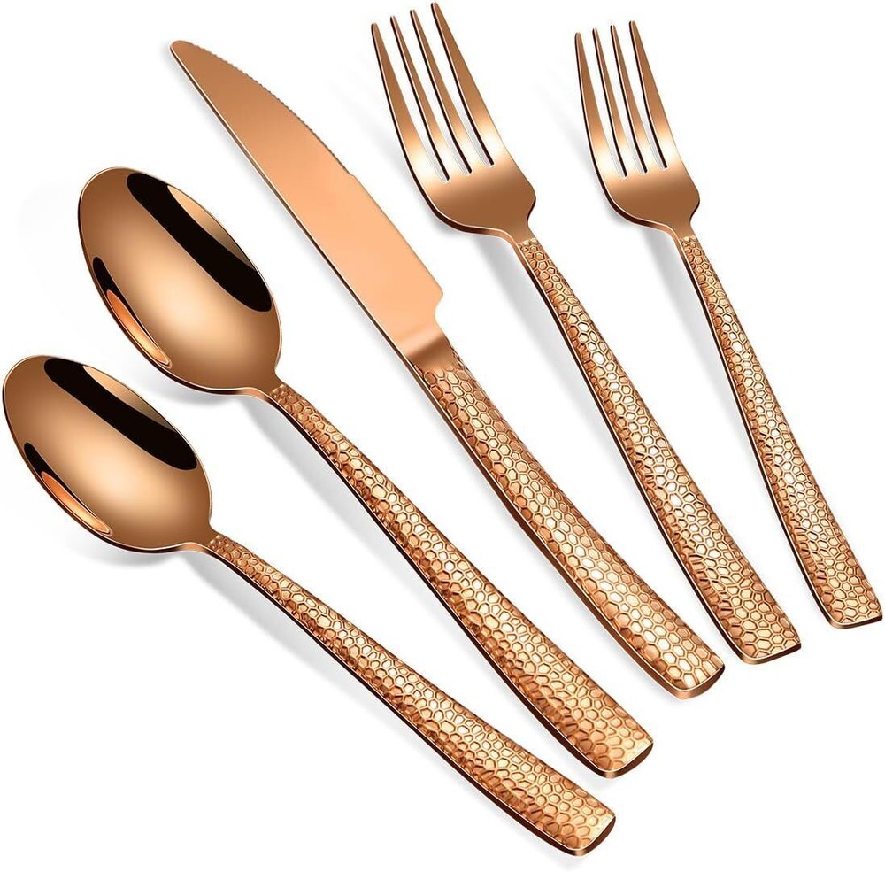 20-Piece Rose Gold Hammered Stainless Steel Flatware Set for 4