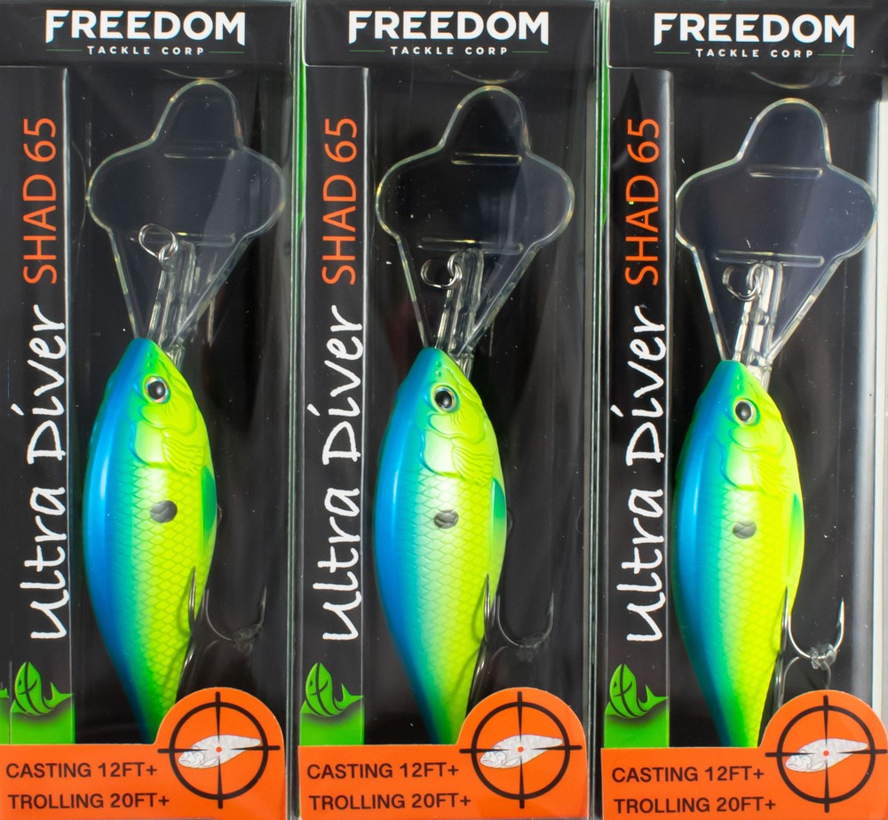 (LOT OF 3) FREEDOM TACKLE ULTRA DIVER SHAD 65 3/8OZ BLUE CHRTREUSE #43104 CO6353