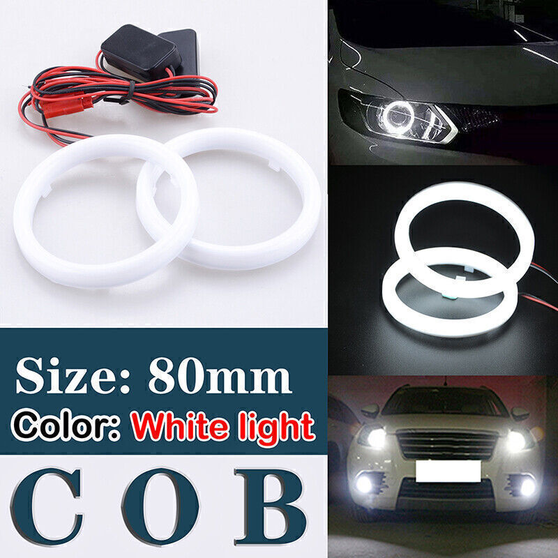 Pair 80mm White Car DRL COB LED Angel Eye Halo Ring Light Fog Headlight Lamp