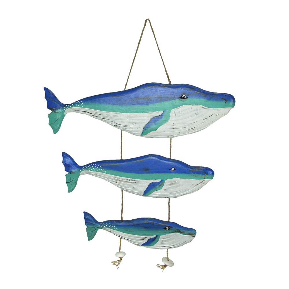 Wood Blue Humpback Whale Family Wall Hanging Sculpture Nautical Home Decor Art