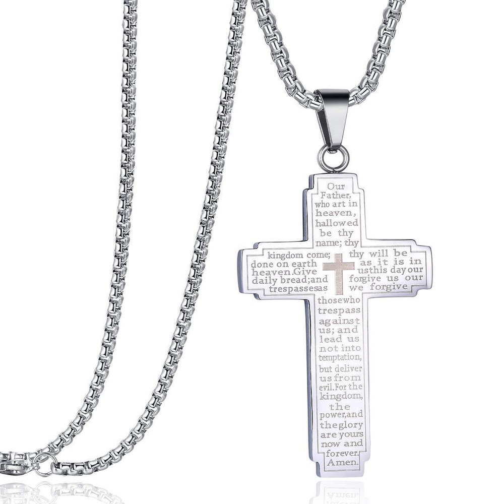 Women Men Stainless Steel Our Father Lord's Prayer Cross Pendant Necklace Chain