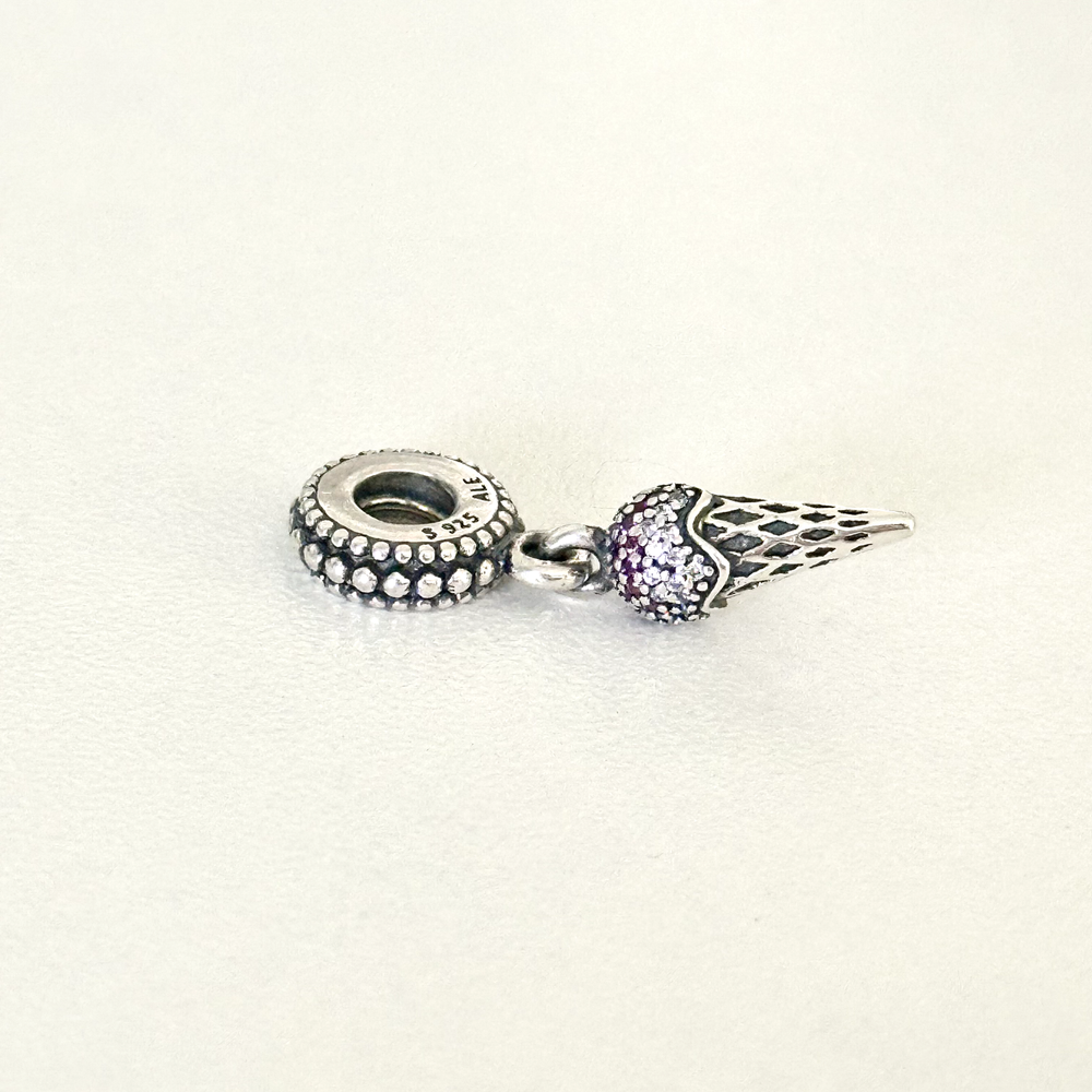 Pandora Sterling Silver Ice Cream Cone Pave CZ Pink Clear Bead Dangle Charm