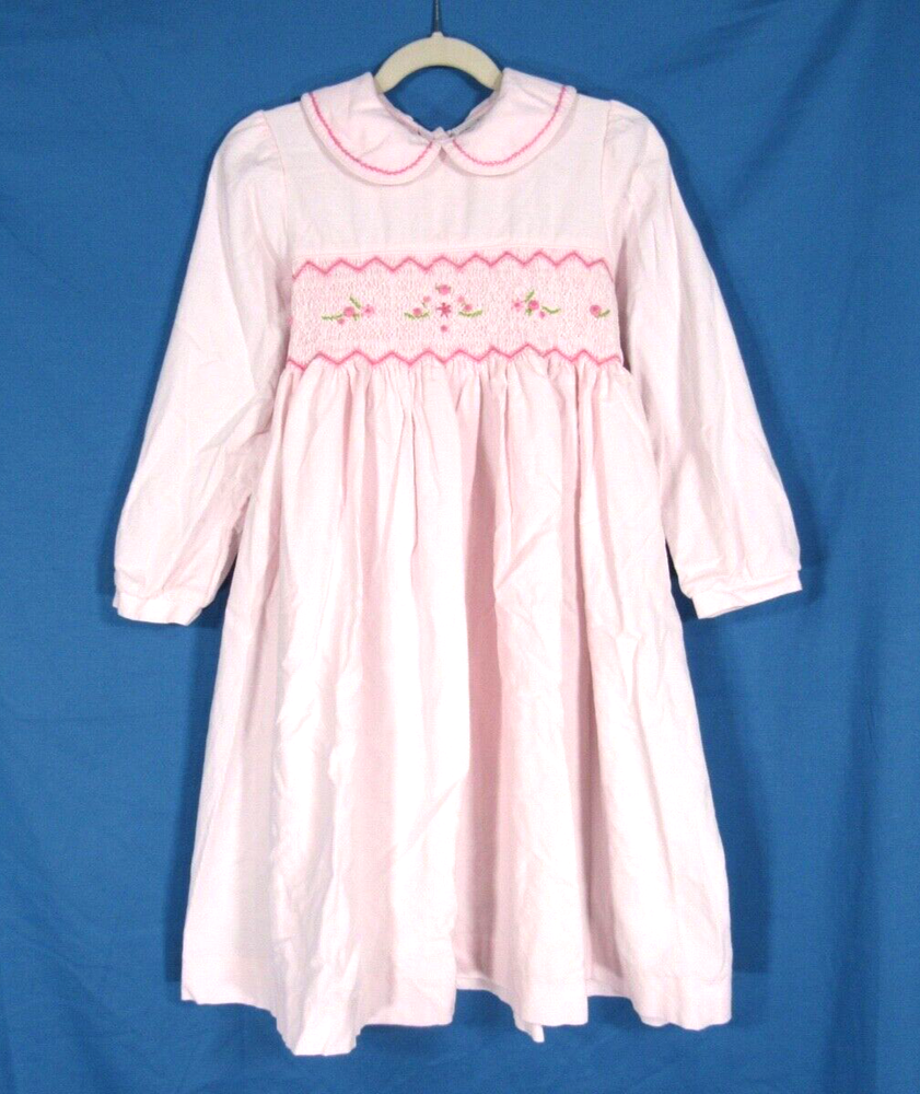 RARE EDITIONS Pink COTTON CORDUROY Smocked ROSETTES Easter Church DRESS Sz 6