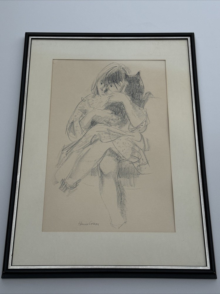 HANNE GREAVER DRAWING ORGINAL MID CENTURY GIRL WITH CAT FAMOUS LISTED DENMARK