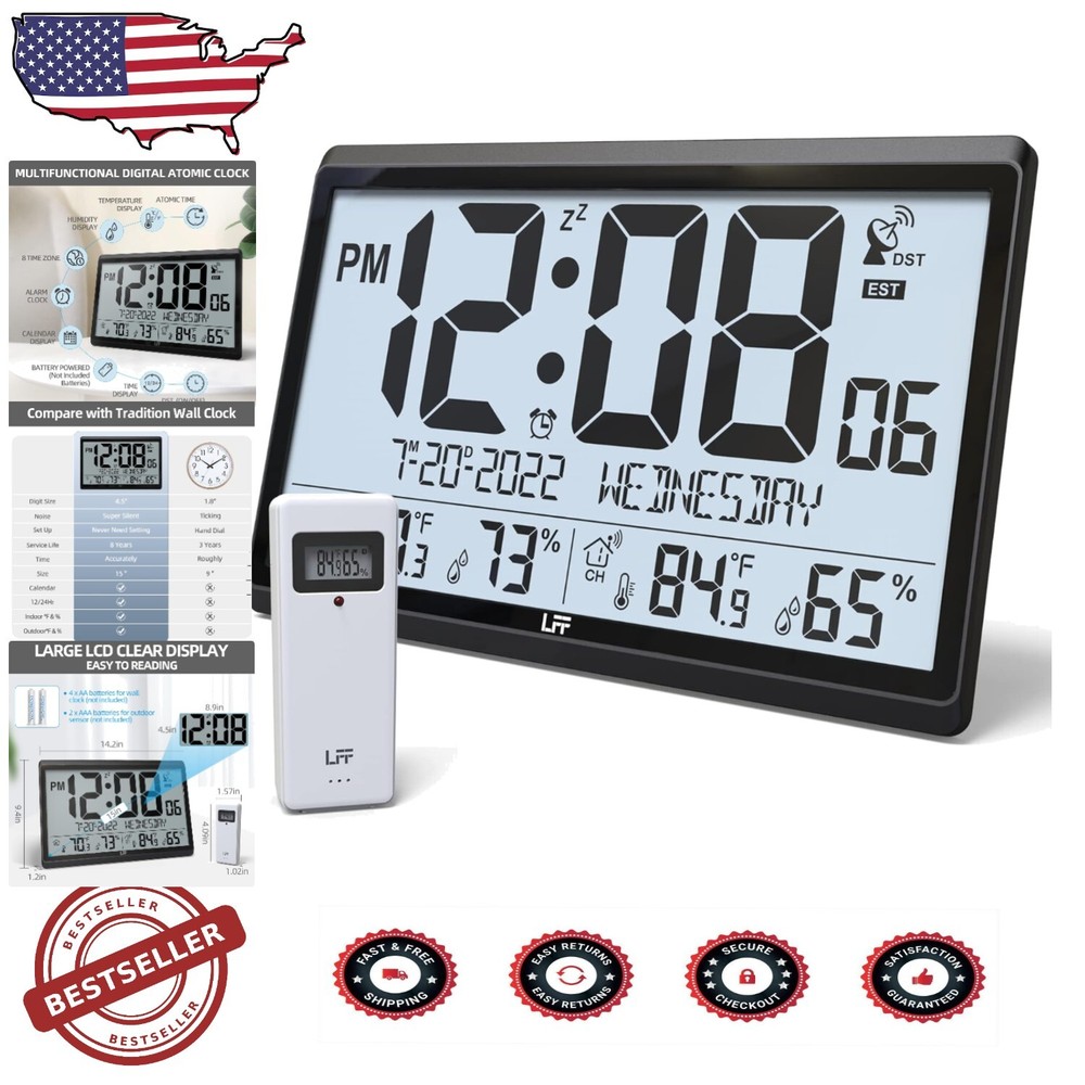 Multi-Zone Atomic Wall Clock with 15-Inch Display and Indoor Outdoor Temp Sensor  