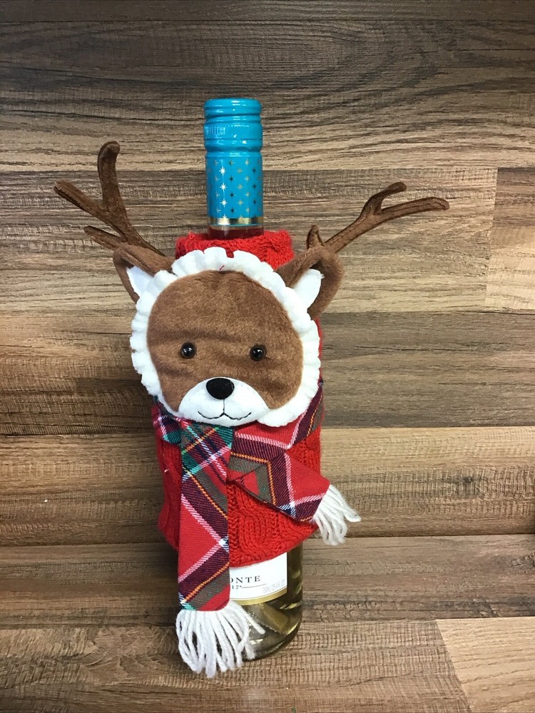 Seasonal Decor Wine Bottle Cover- Christmas Reindeer In Sweater With Scarf 4-1-image