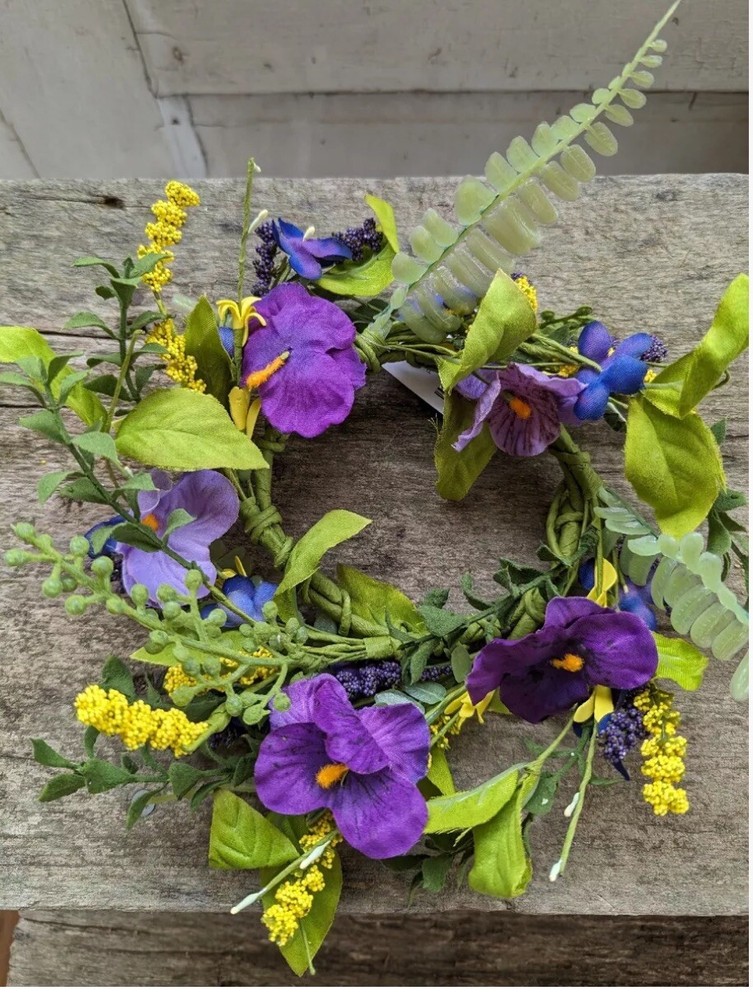 Pansy Purple Candle Ring Floral Wreath 4 Inch Fern Summer Decor