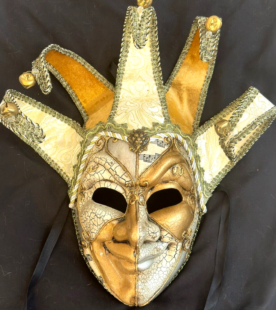 Gold & Cracked Ivory Vintage Venetian Jester Fool Masquerade Mask Adult Size
