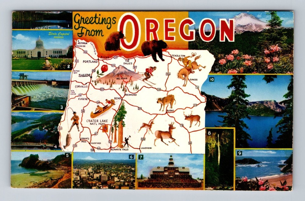 OR-Oregon, General Map Landmark Greetings, Antique, Vintage Postcard