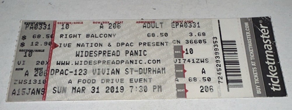 3/31/19 Widespread Panic Band Concert Ticket Stub Durham Performing Arts WSP
