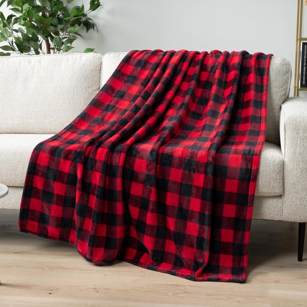 Black Red Buffalo Plaid Fleece Throw Blanket Soft Checkered Flannel Couch Cover