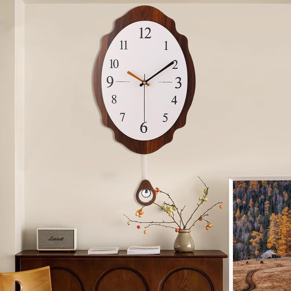 Large Wall Clock with Orange & Black Hands, Pendulum – Unique Wood - Slice Desig