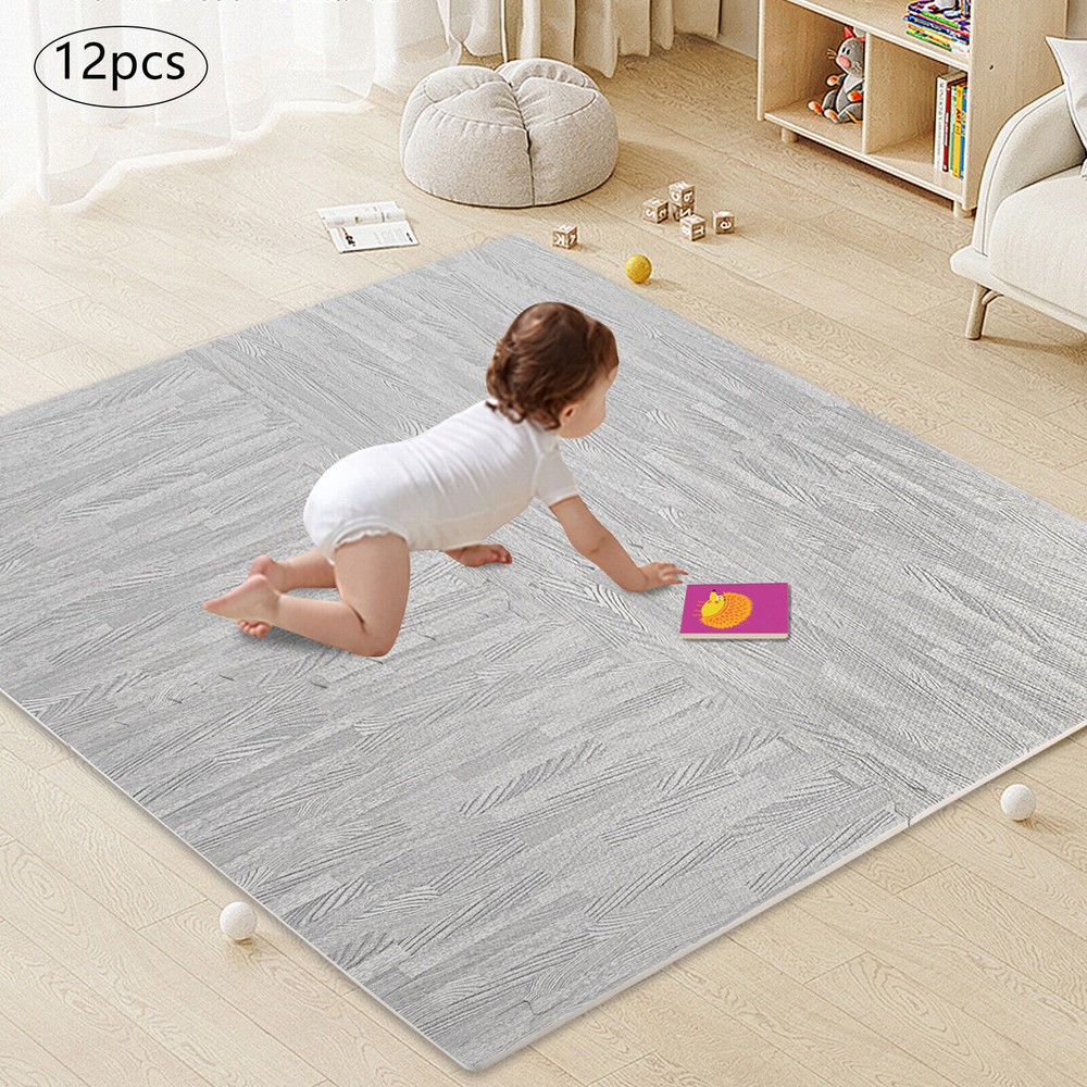 12PCS Exercise Floor Mat Foam Puzzle Interlocking Thick Tiles Mat Home Gym Grey