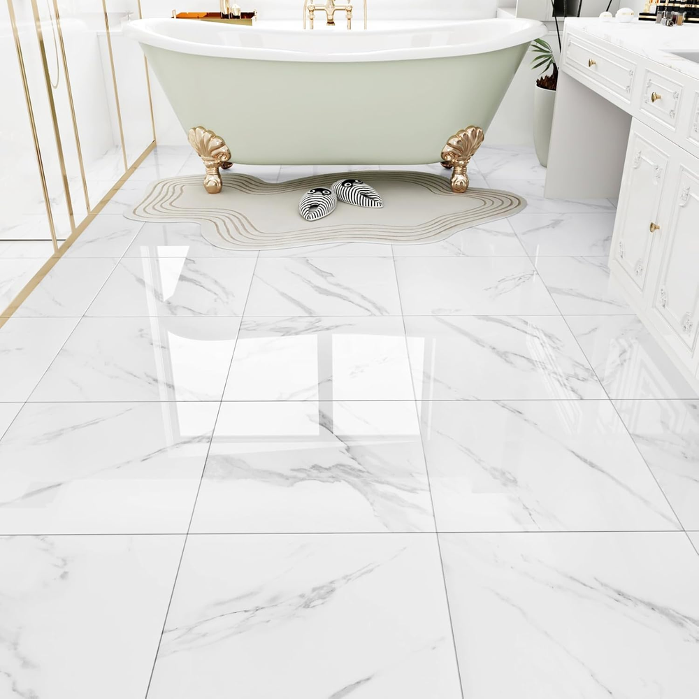White Marble Peel and Stick Floor Tile Bathroom Waterproof Marble Flooring Tiles