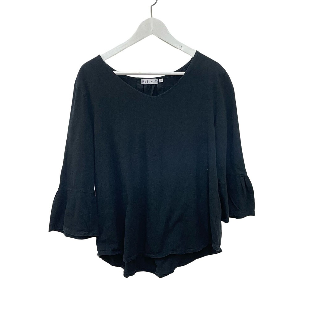 Habitat Clothes to Live in Black Slub Cotton 3/4 Bell Sleeve V-Neck Top Size M